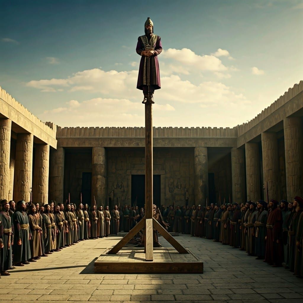 Haman on the Achaemenid Gallows in Epic Persian Scene