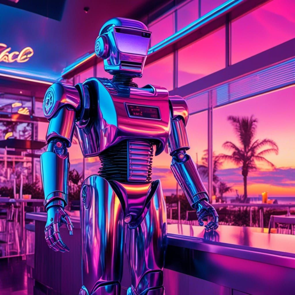 Synthwave Robot at Sunset with Starbucks
