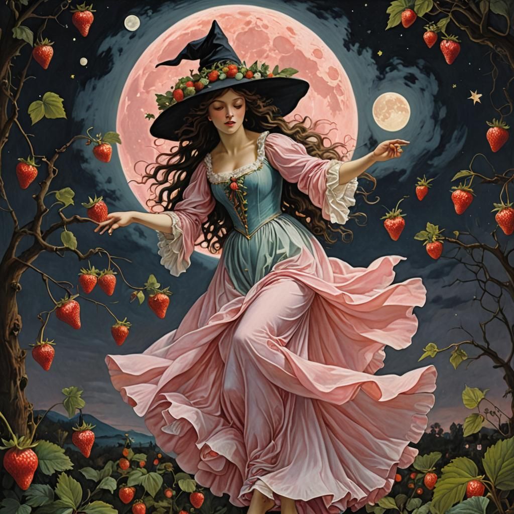 Pastel Witch Dancing Beneath Strawberry Full Moon
