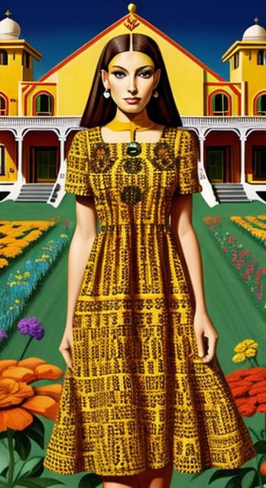 Aztec Acidhouse Sundress with Marigolds in Oil Gouache