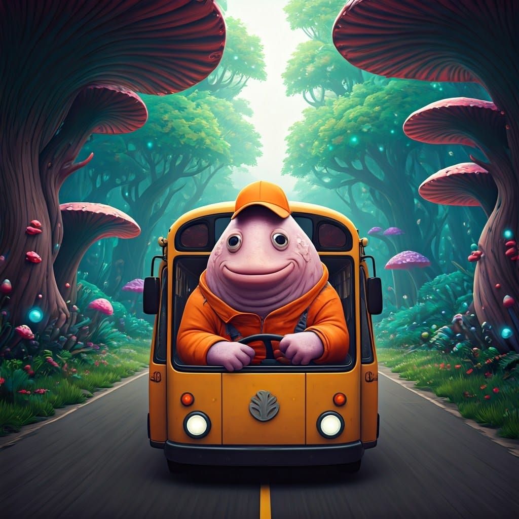 Blobfish Bus Driver in Dreamlike Fantasy Landscape