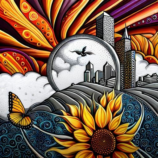 Butterfly and Van Halen Painting with Sunflowers