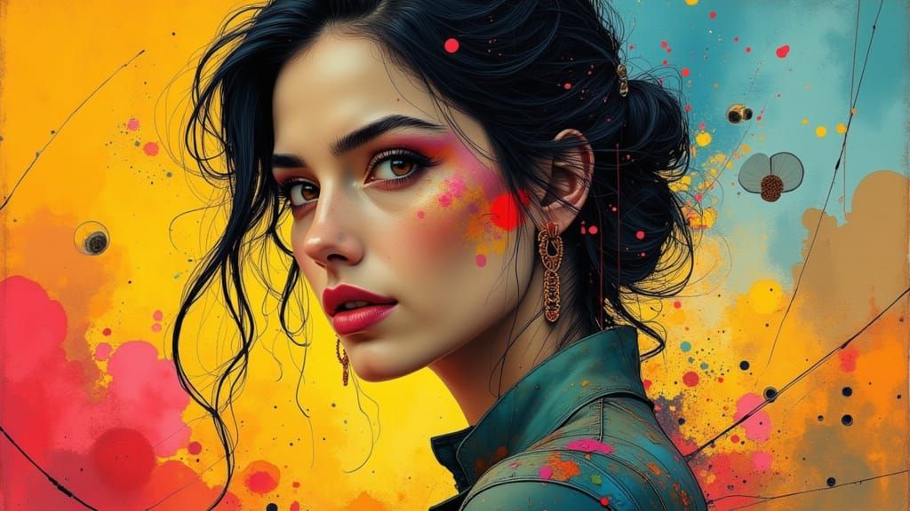 Empowered Woman Amidst Abstract Time: Pop Art Digital Painti...