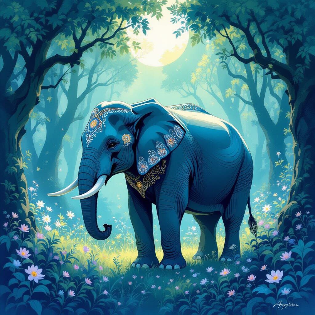 Art Nouveau Elephant in Surreal Glowing Forest