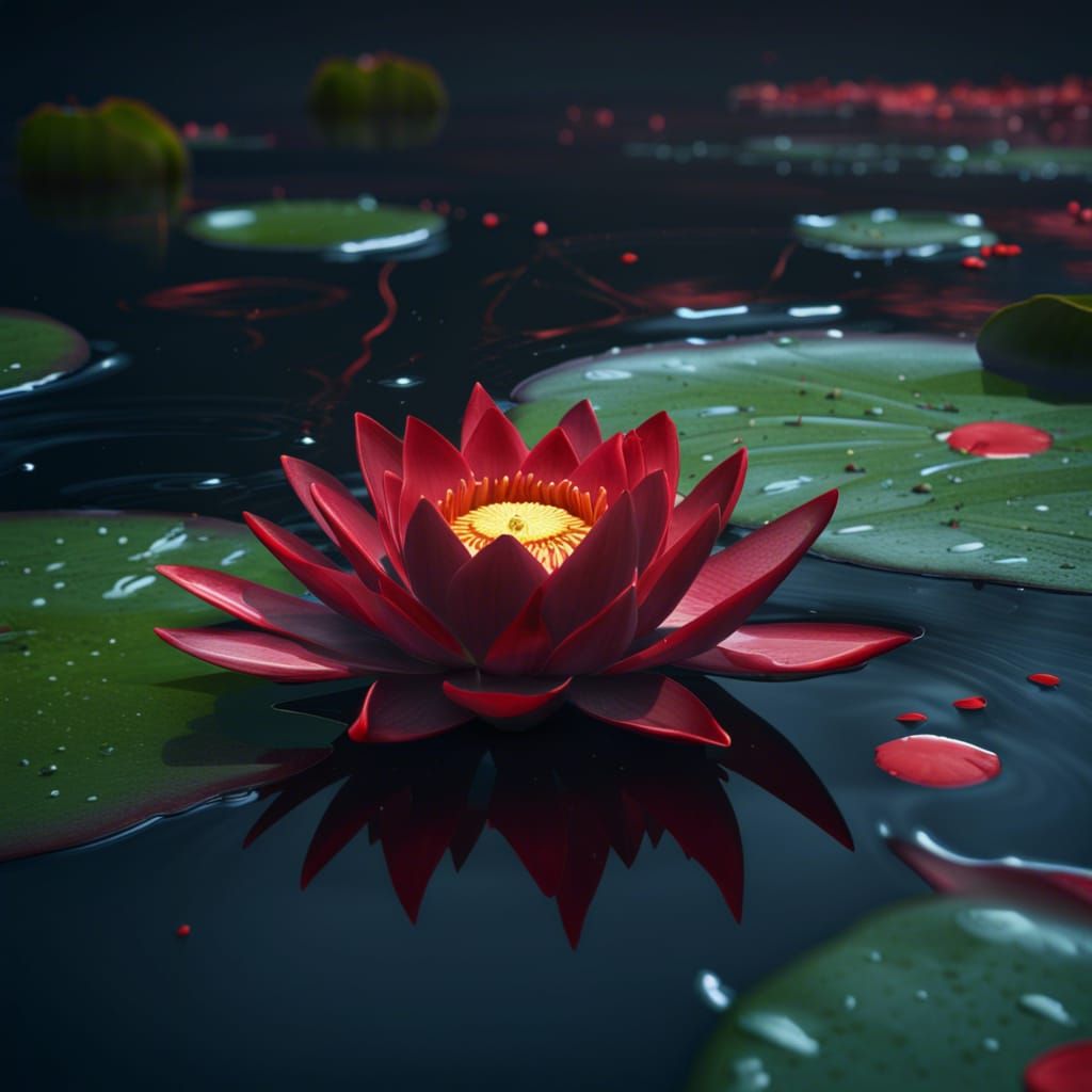 Beautiful Red Water Lily Fantasy Concept Art