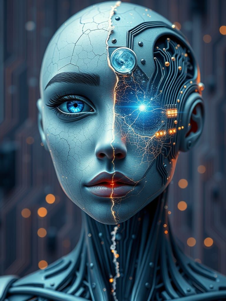 Surreal Circuit Board Face with Platinum Details