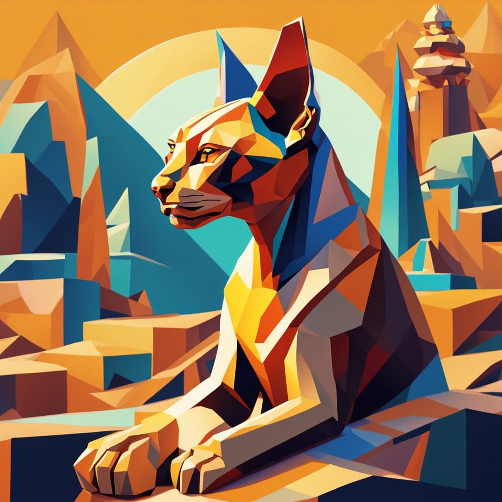 Cubist Sphynx in Ancient Mounds with Golden Light