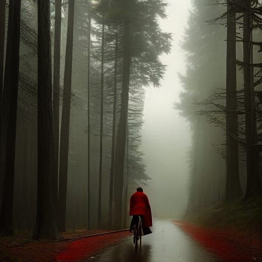 Eerie Girl in Red Coat Rides Through Forest
