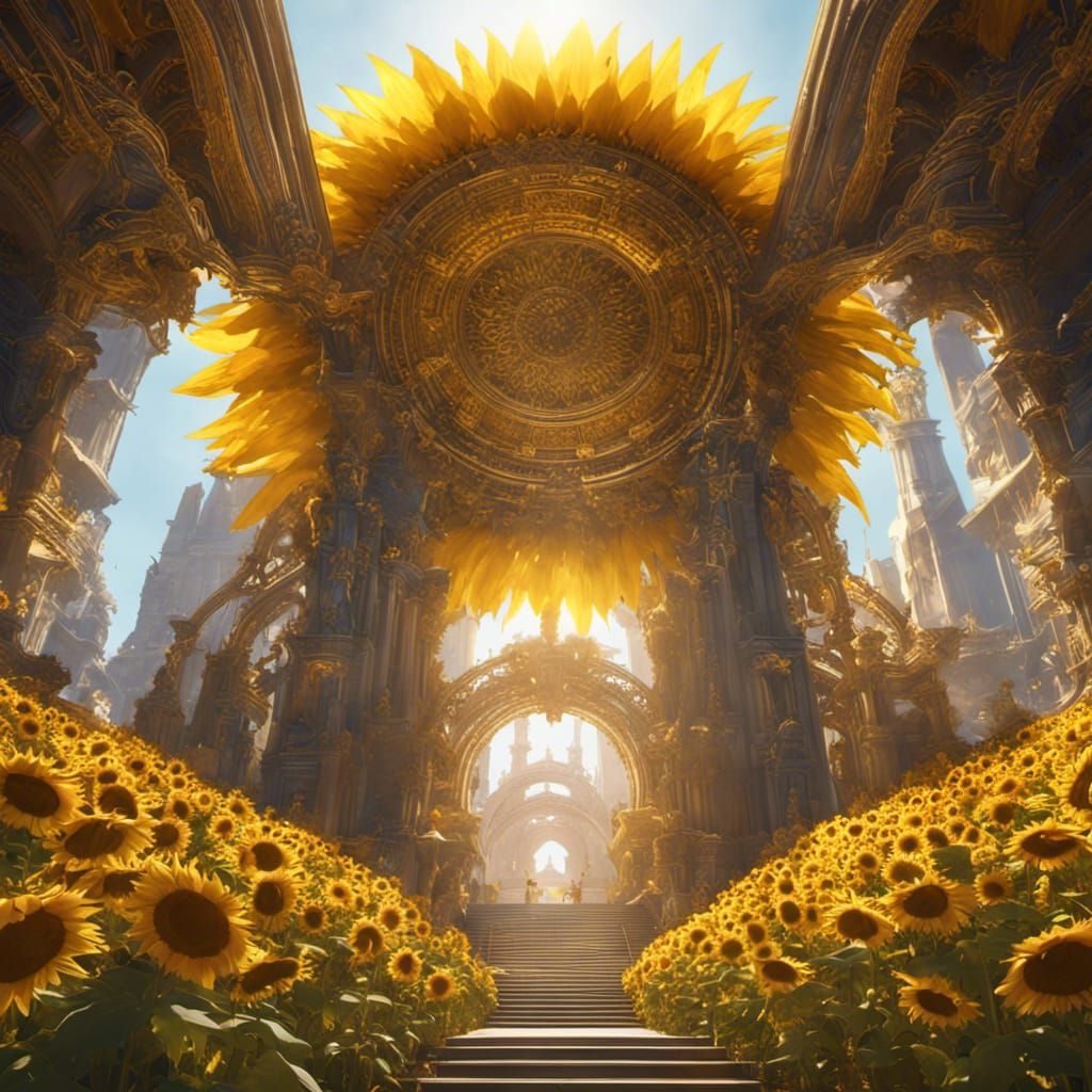 Heavenly City with Sunflower Angels in Art Nouveau Style