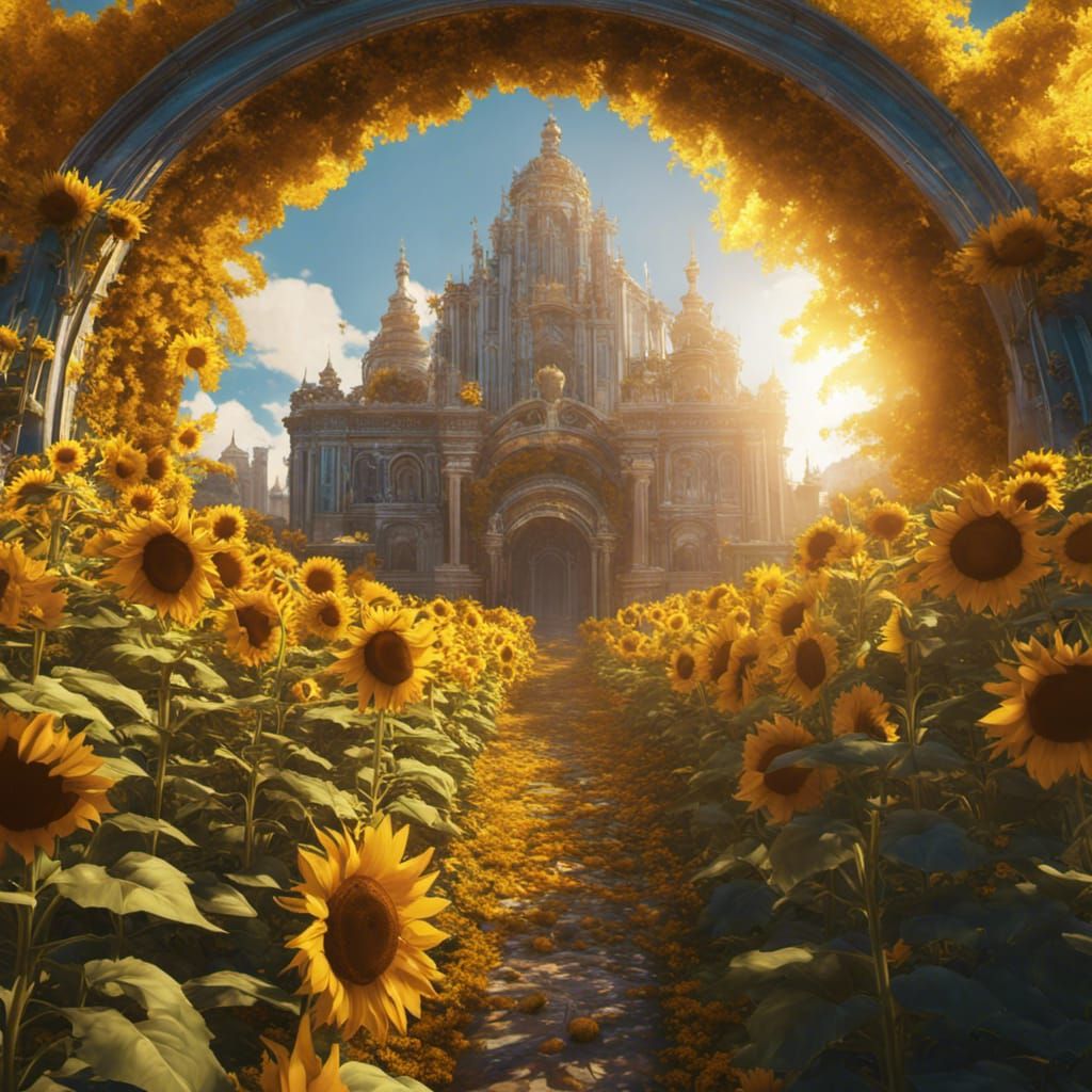 Heavenly City with Sunflower Angels, Art Nouveau Style