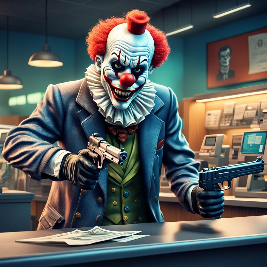 Masked Clown Bank Robbery: Pixar-Style 3D Art