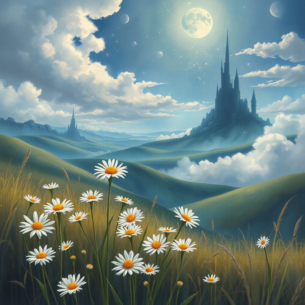 Dreamlike Fantasy Landscape with Daisies and Celestial Eleme...