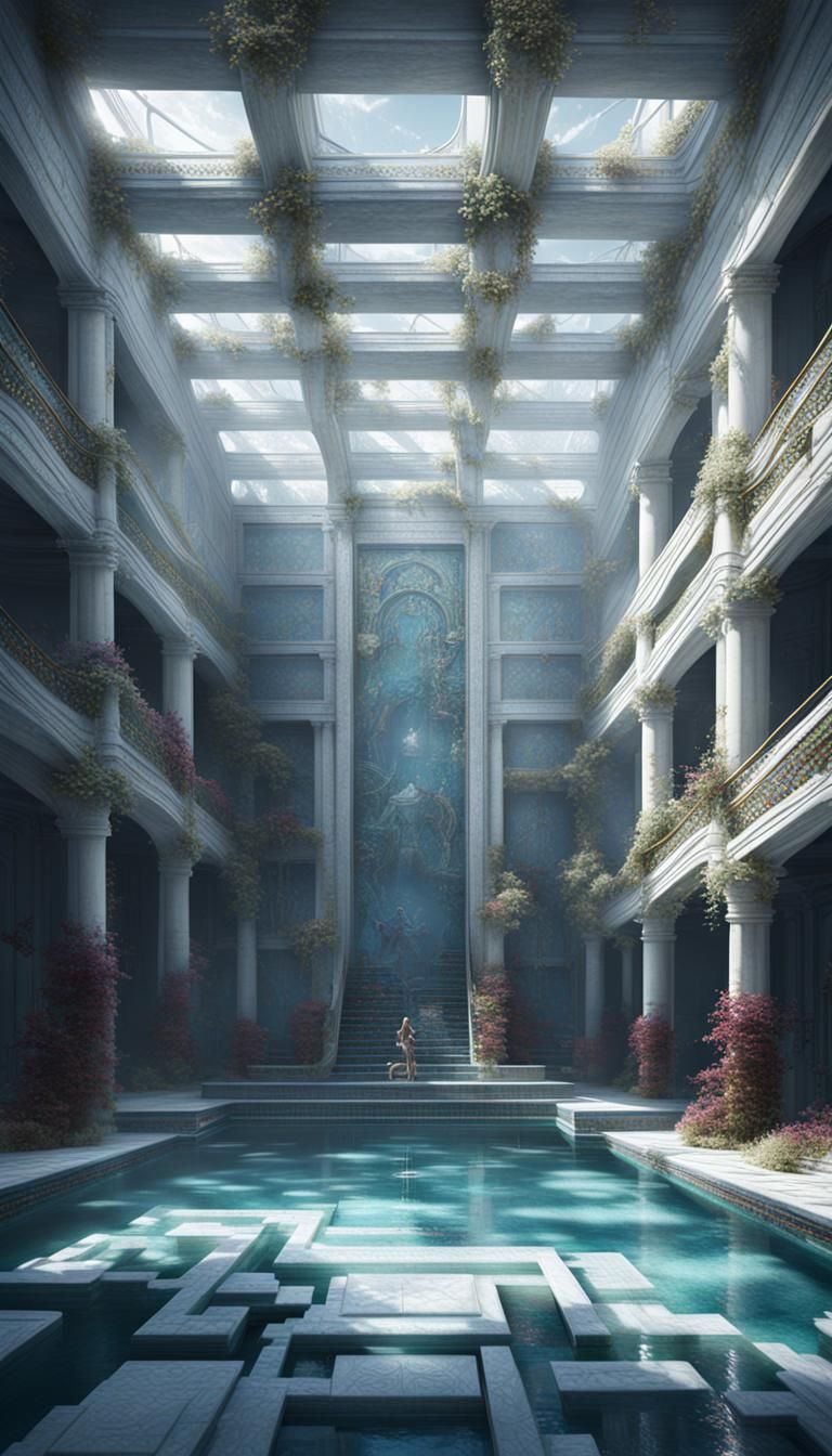 Liminal Indoor Pool Maze in Detailed Matte Painting