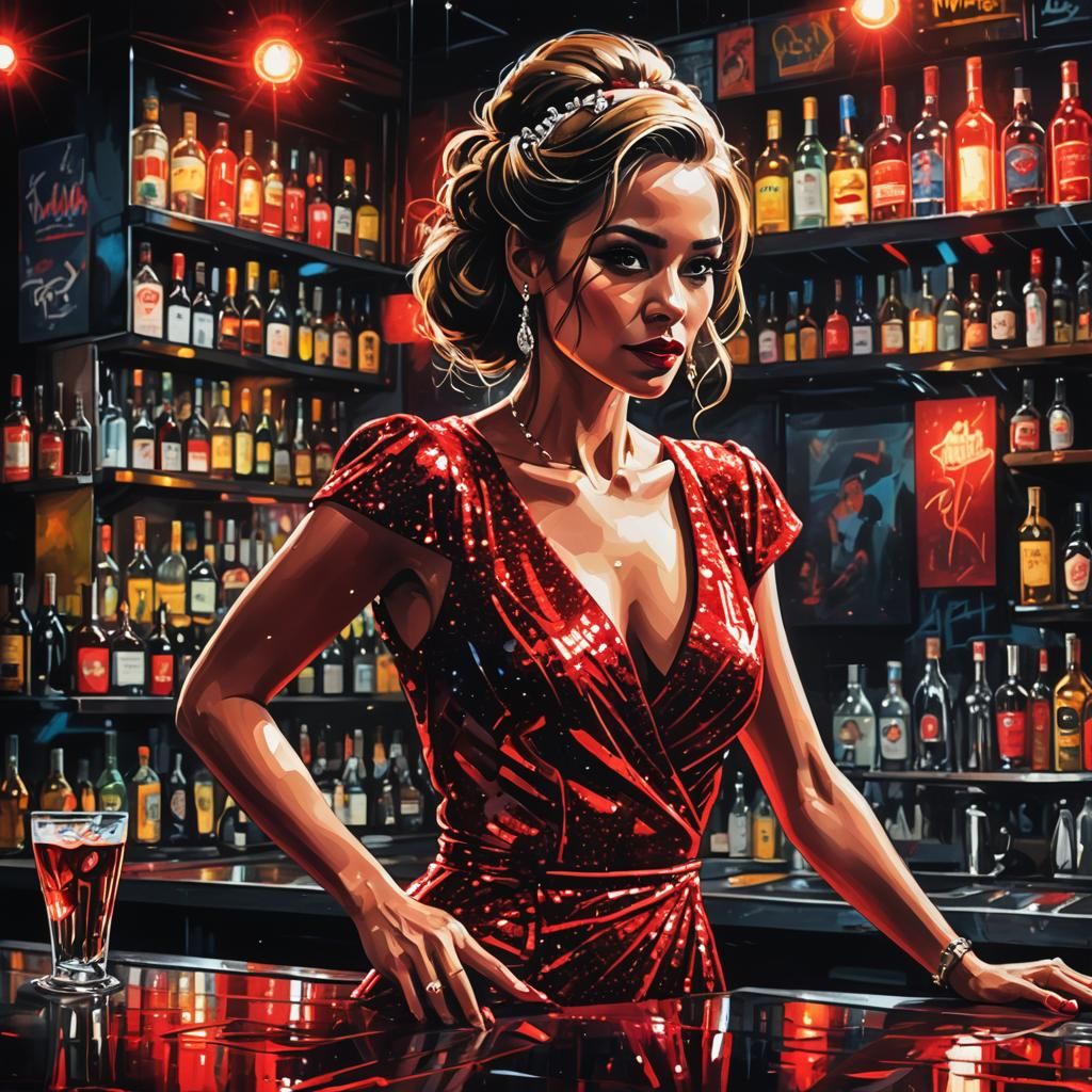 Vibrant Street Art of Bar Woman in Red Dress