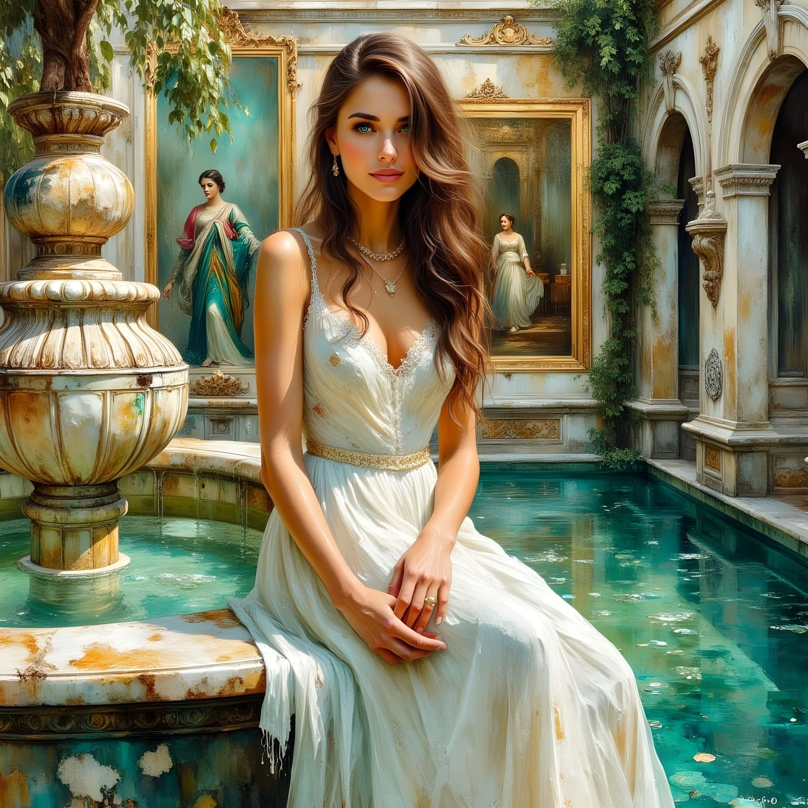 Smiling Woman in Ornate Courtyard as Impasto Painting