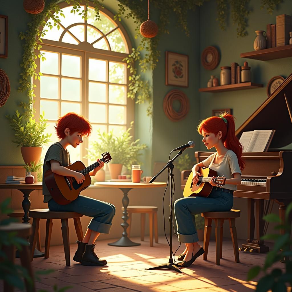 Cozy Café Scene with Musicians, Storybook Illustration
