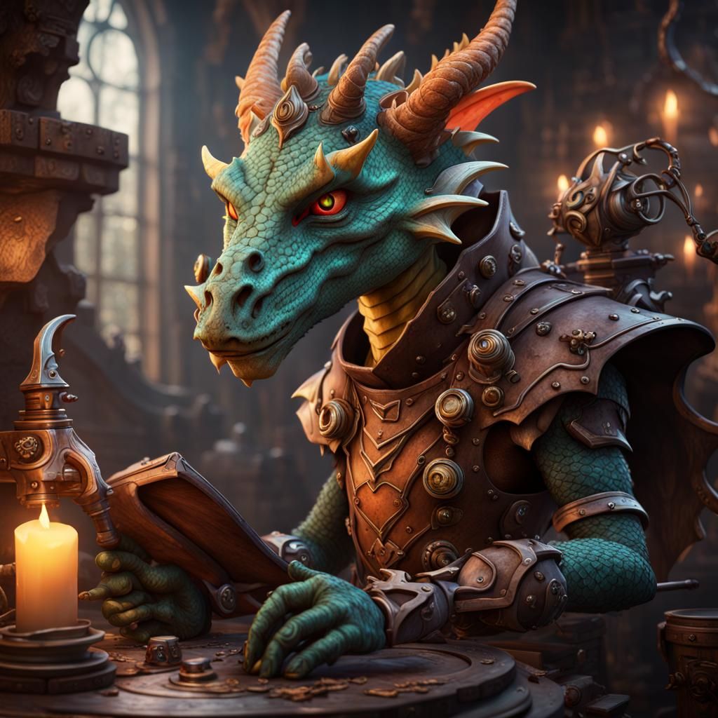 Dragon Kobold Artificer Tinkering: Fantasy Concept Art