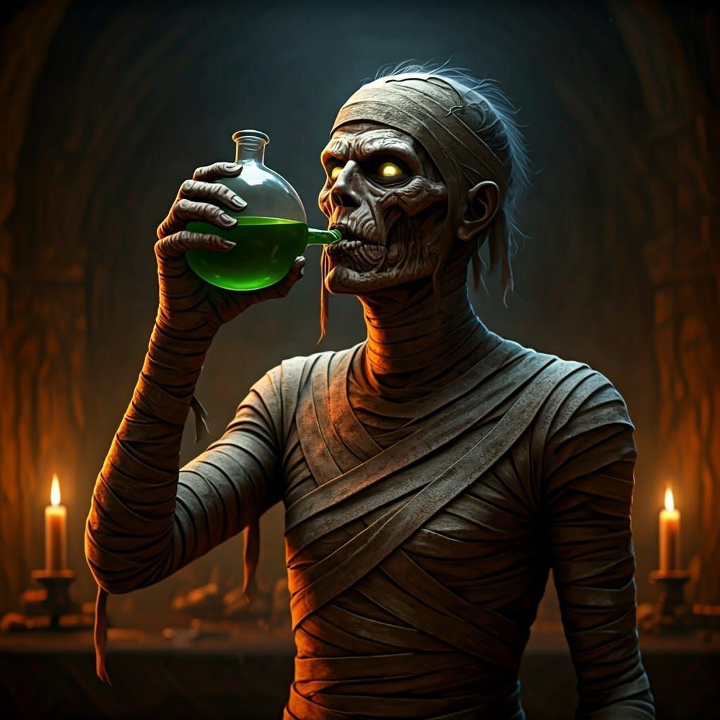 Grotesque Mummy Toasting in Dark Fantasy Style