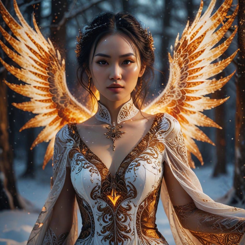 Gothic Portrait of Woman with Wings in Snow