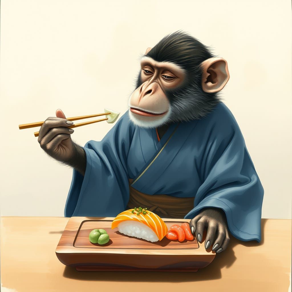 Monkey Savoring Sushi in Elegant Japanese Setting