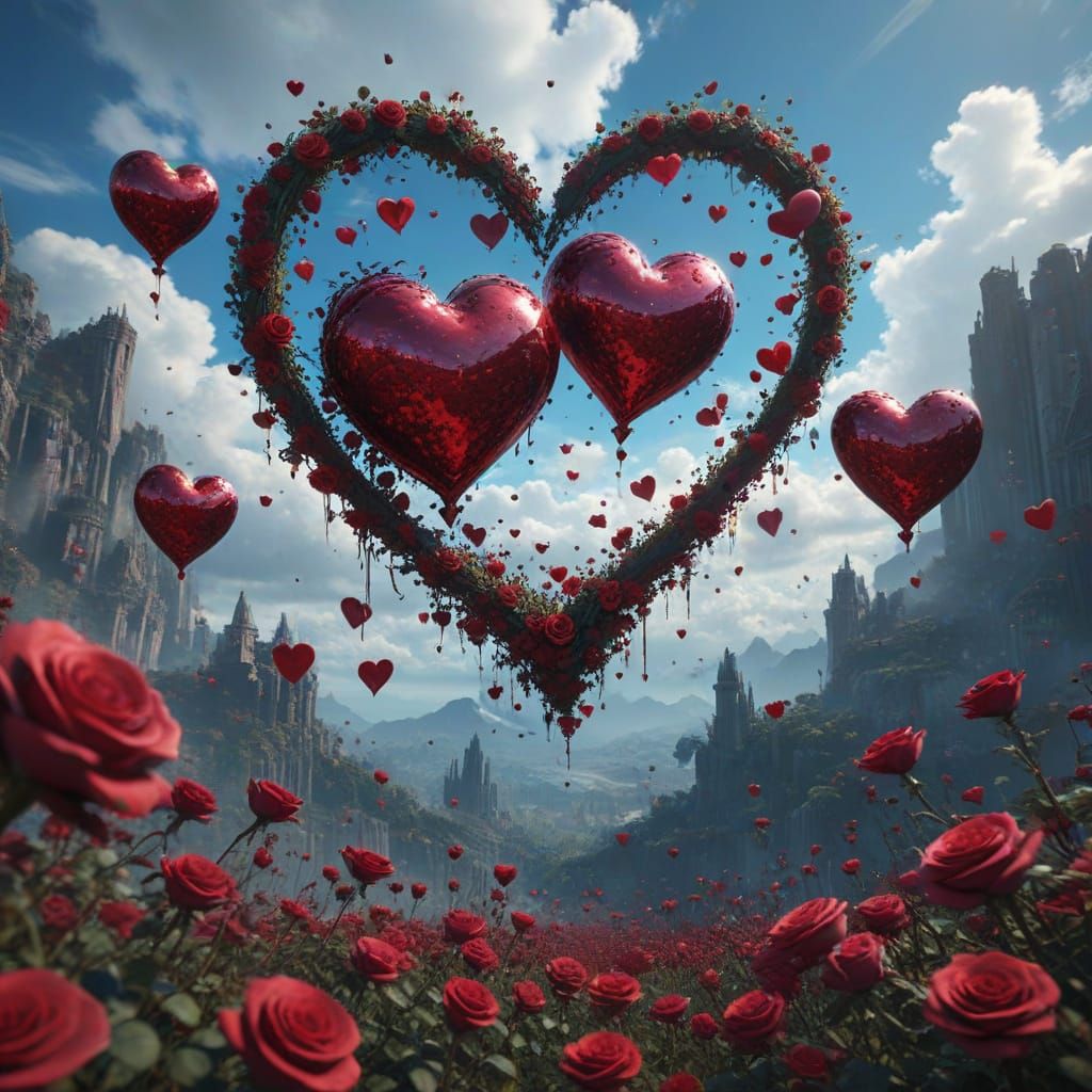 Hearts Amidst Vibrant Ruby Roses in a Fantastical Sky