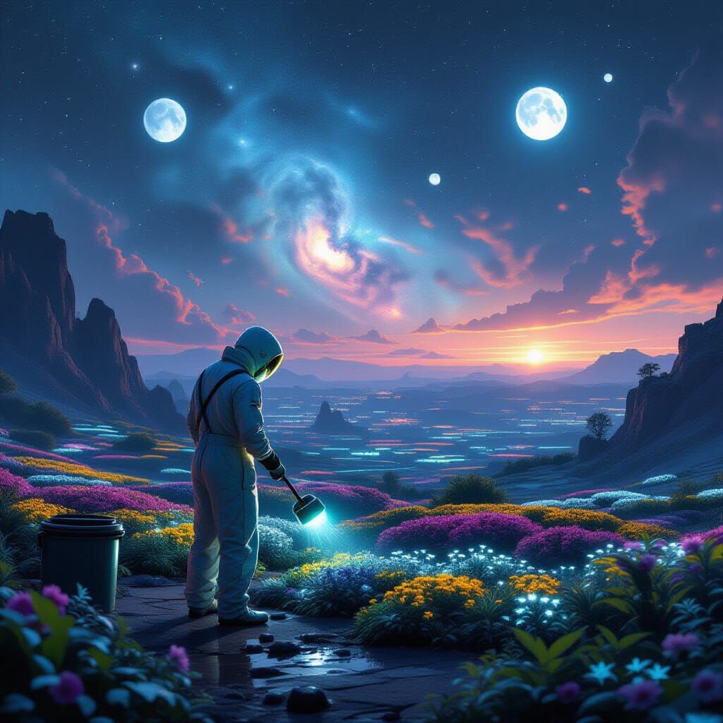 Futuristic Alien Gardener in Bioluminescent Garden