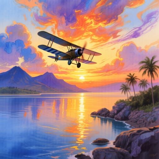 WW1 Biplane Soars Through Vibrant Watercolor Sunset