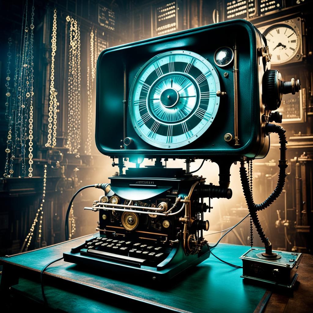 Typewriter and Television with Digital Steampunk Elements