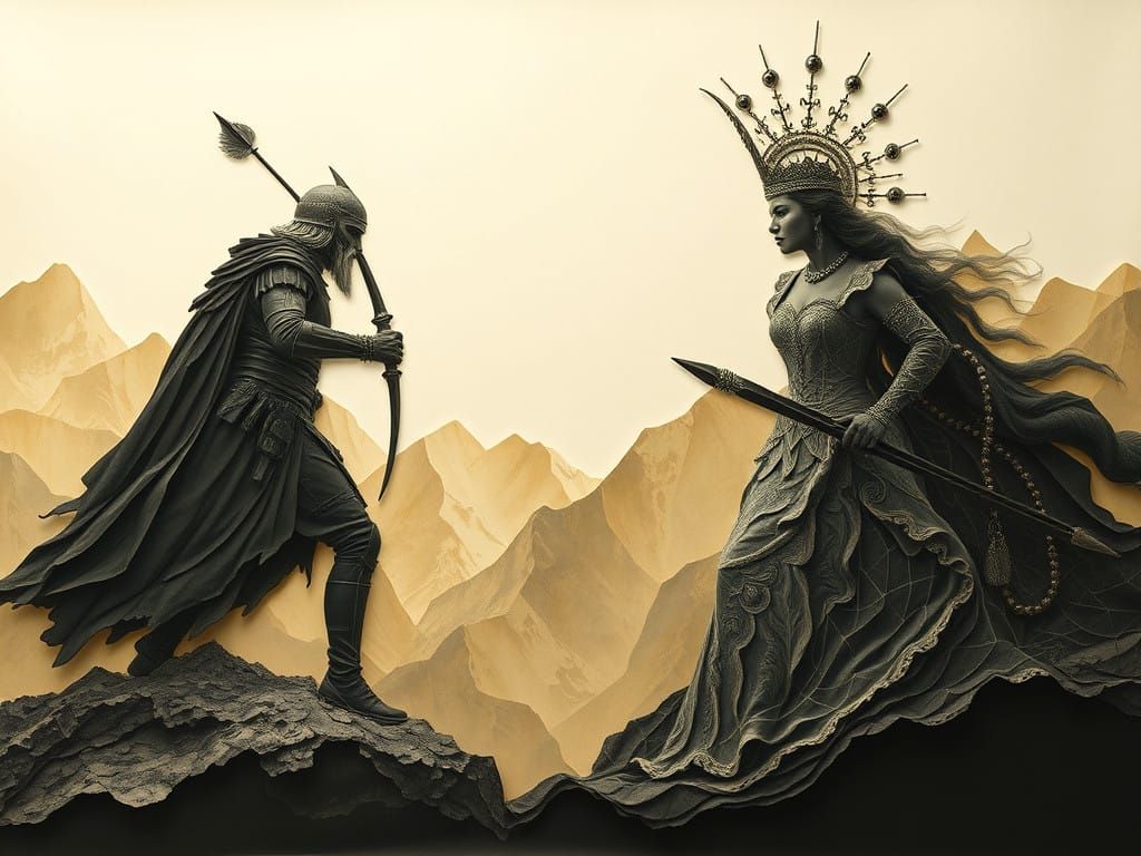 Warrior vs. Queen in Ethereal Landscape