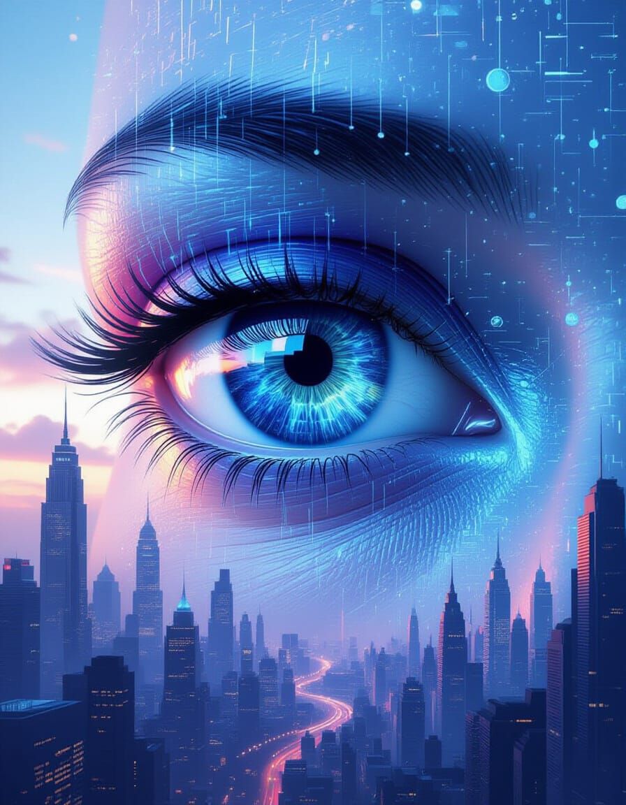 Colossal Digital Eye with Data Streams in Minimalist Citysca...