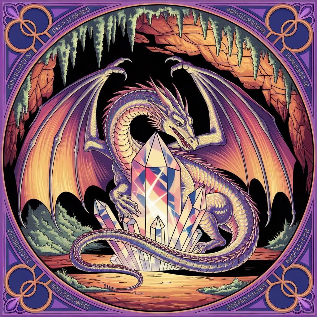 Dragon Guarding Crystal in Mucha-Inspired Cavern