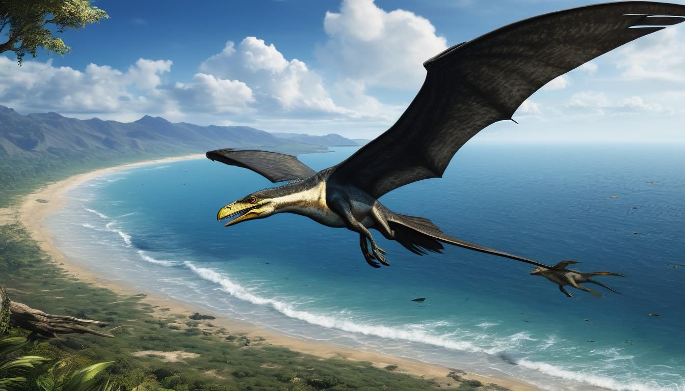 A Rhamphorhynchus flying over a Cretaceous coastline