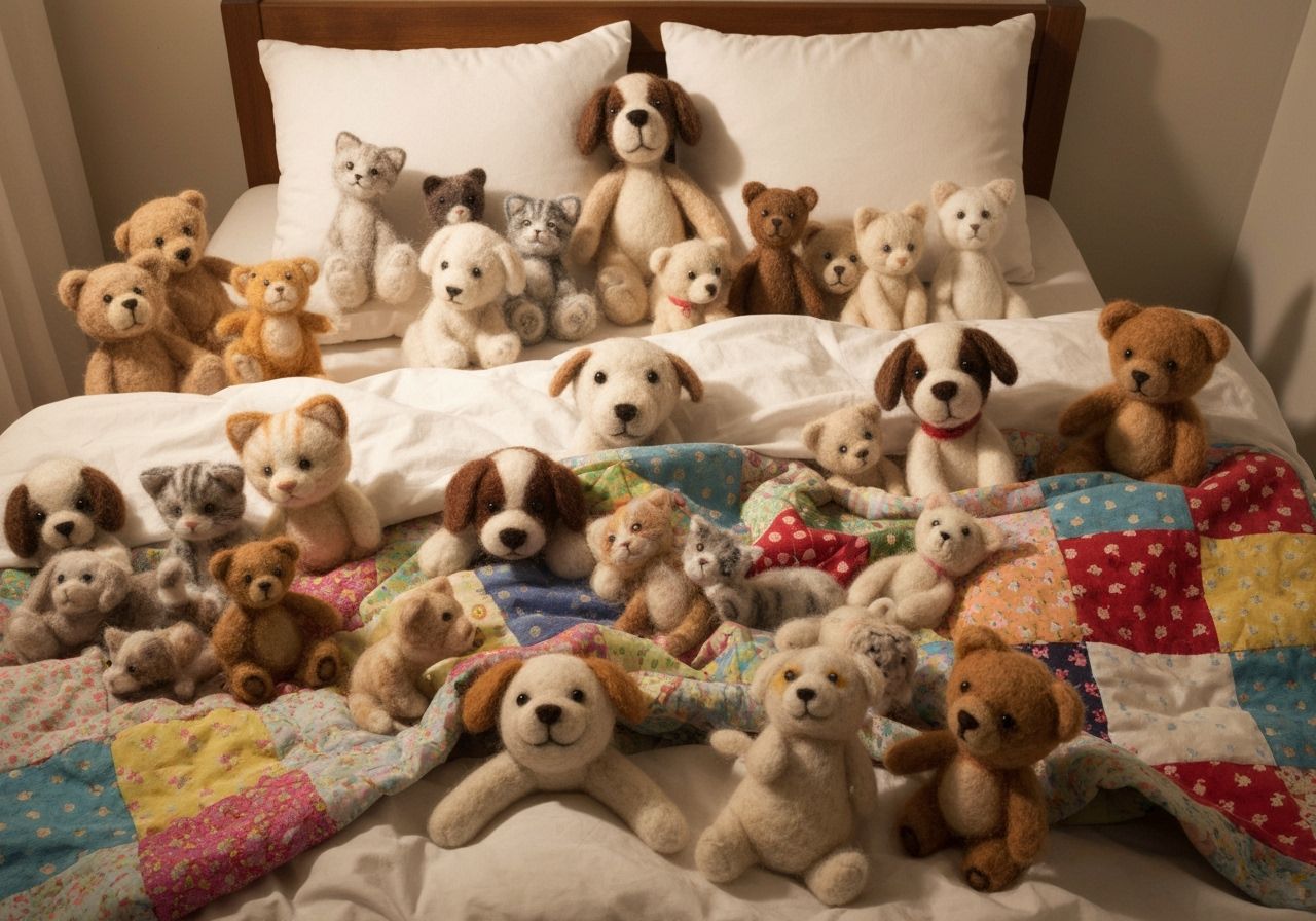 Whimsical Felt Animals Cuddle on Cozy Bed
