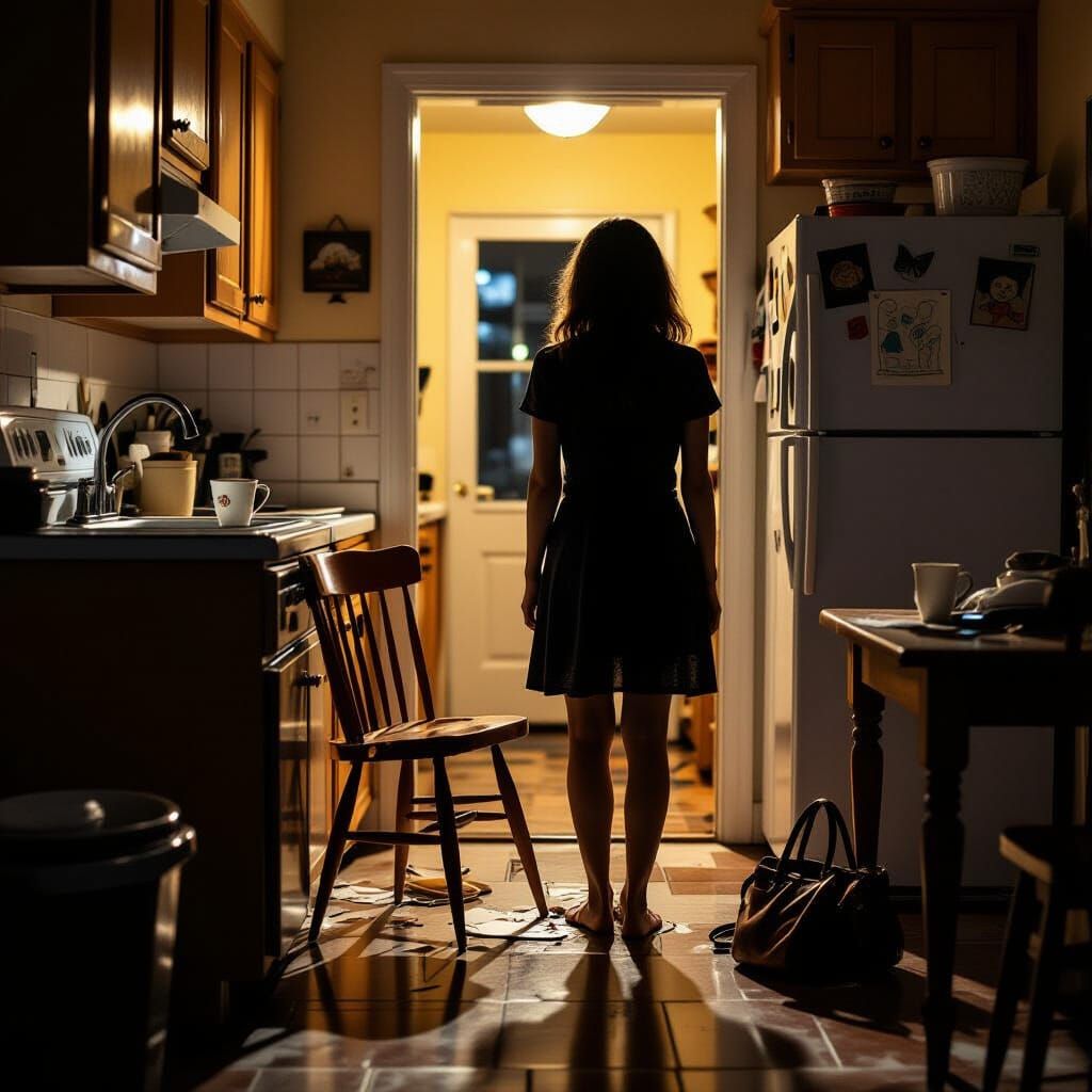 Dimly Lit Kitchen Scene After Argument