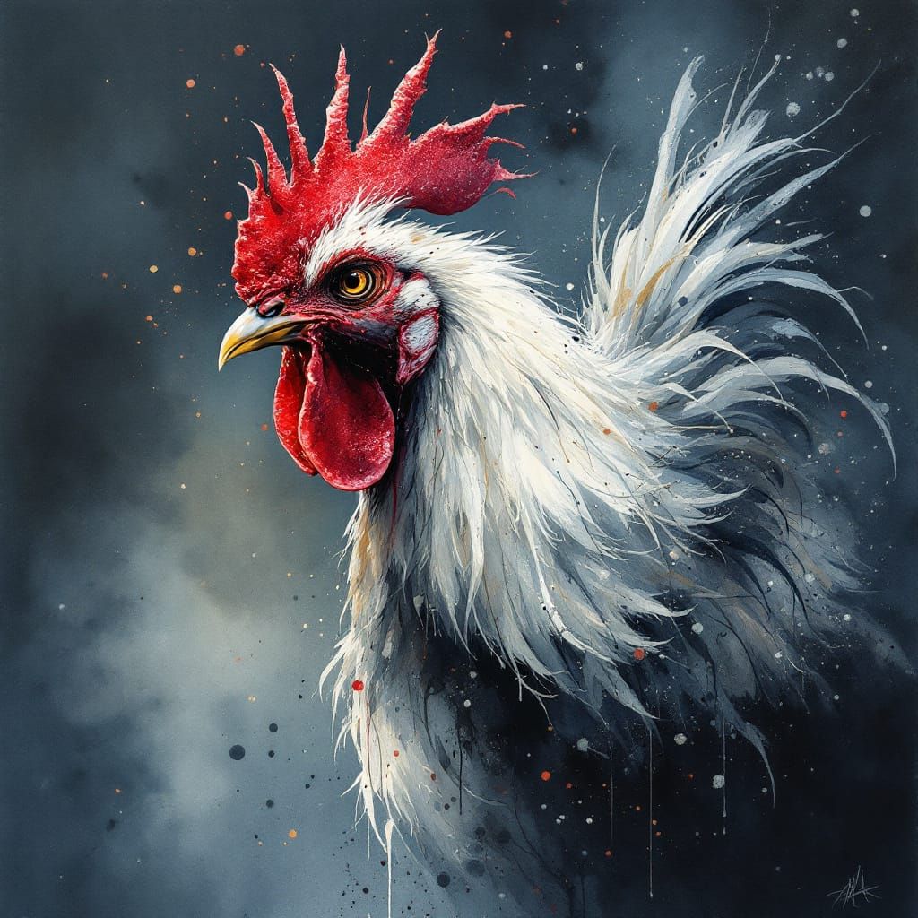 Surreal Rooster with Crimson Crown and Golden Eye
