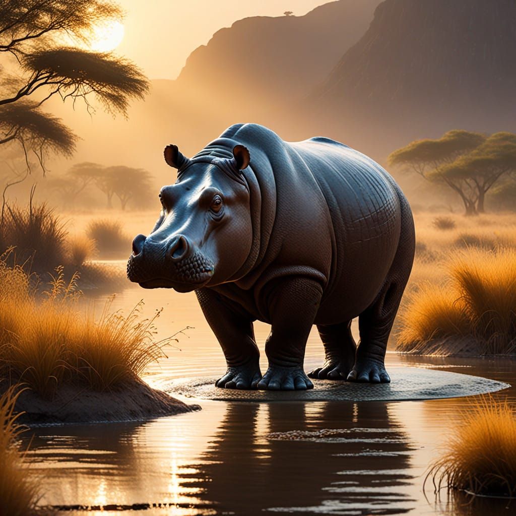 Surreal African Landscape with Frozen Hippopotamus in Impres...