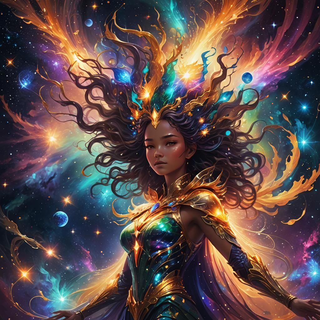 Ethereal Being Radiates Light Amidst Cosmic Explosion