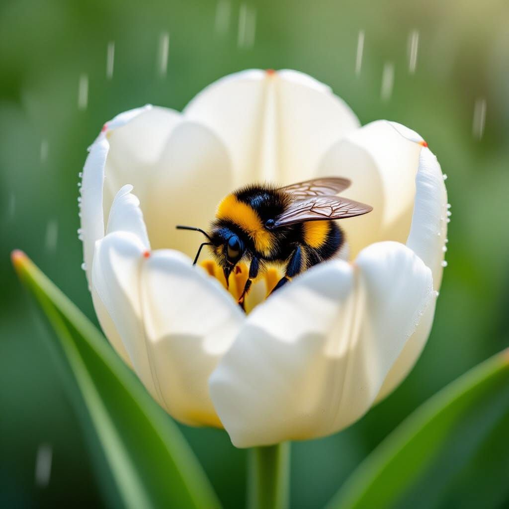 Bumblebee Hiding in Tulip From Heavy Rain