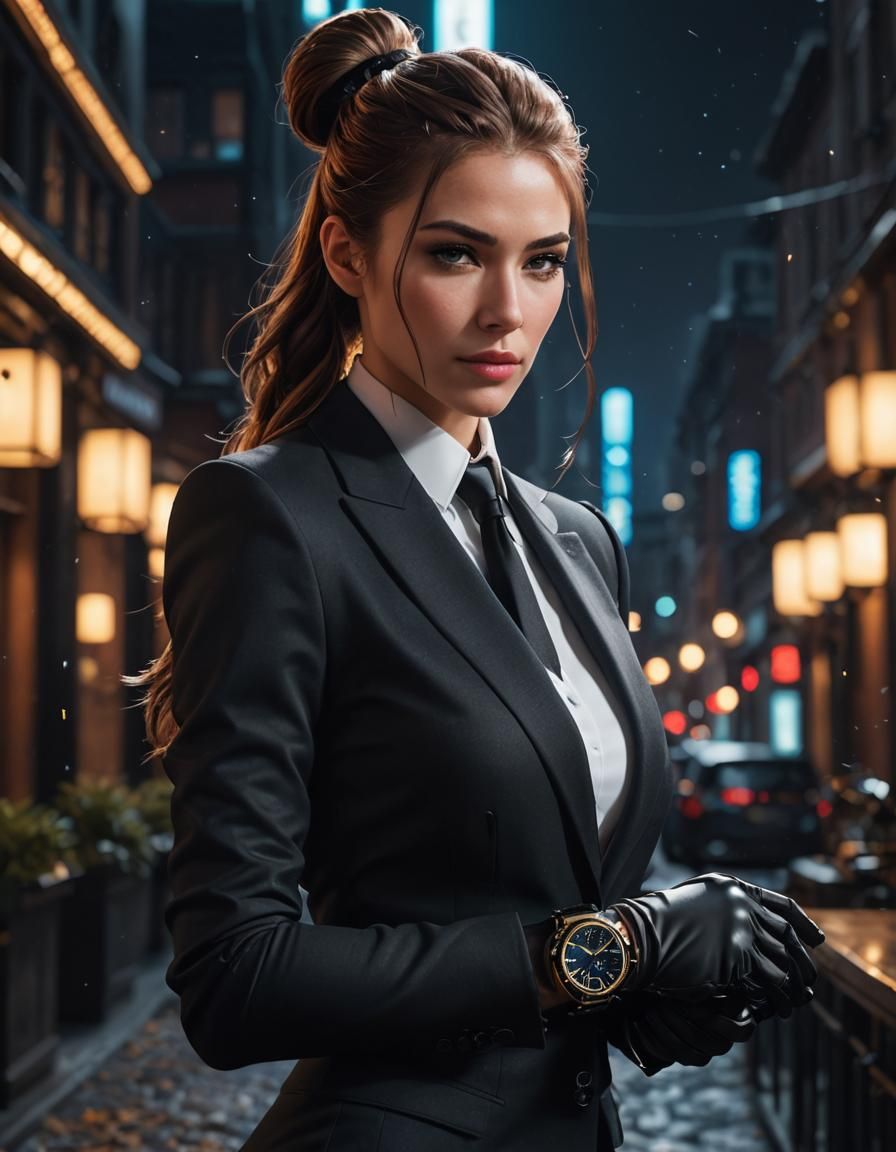 Elegant Girl in Black Suit with Ponytail