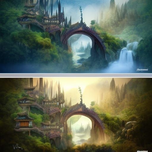 Elven City in Mountains, Watercolor Fantasy Art