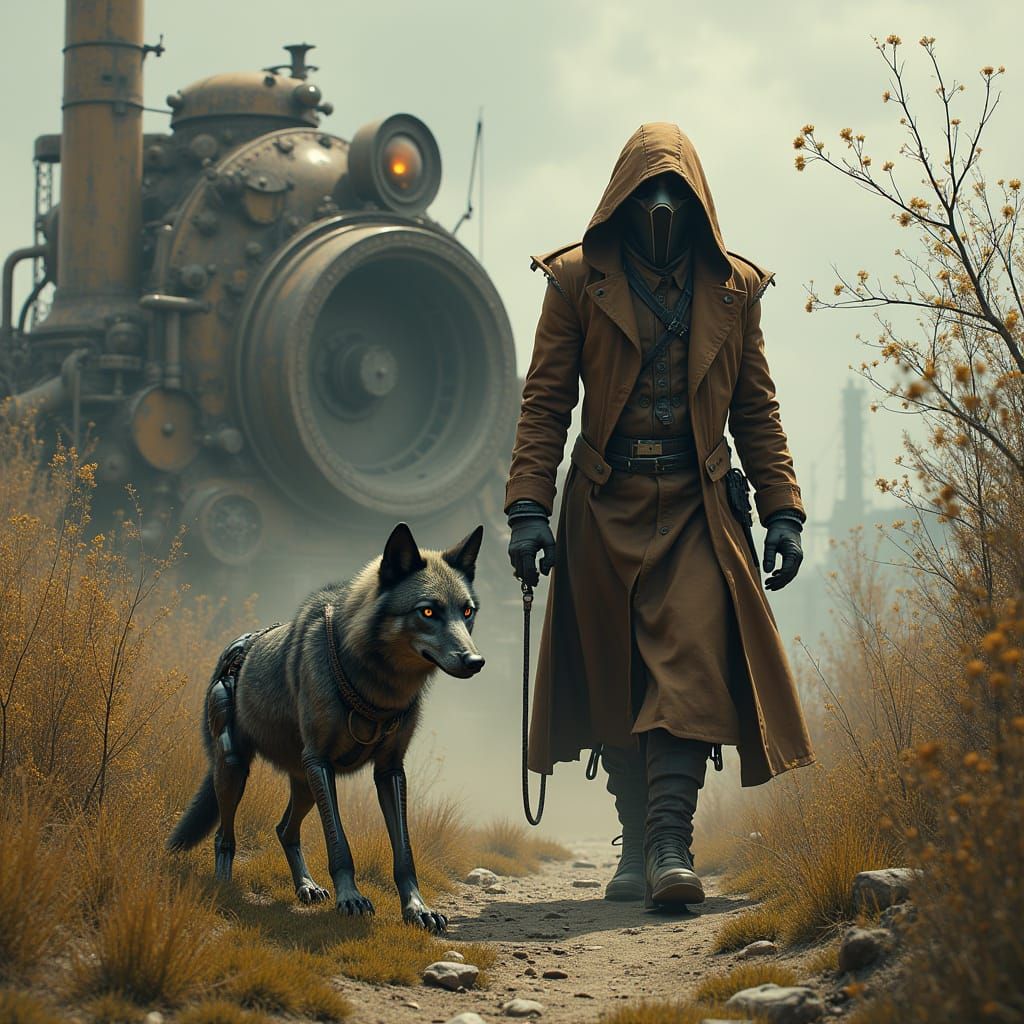 Steampunk Plague Doctor in Apocalyptic Wilderness