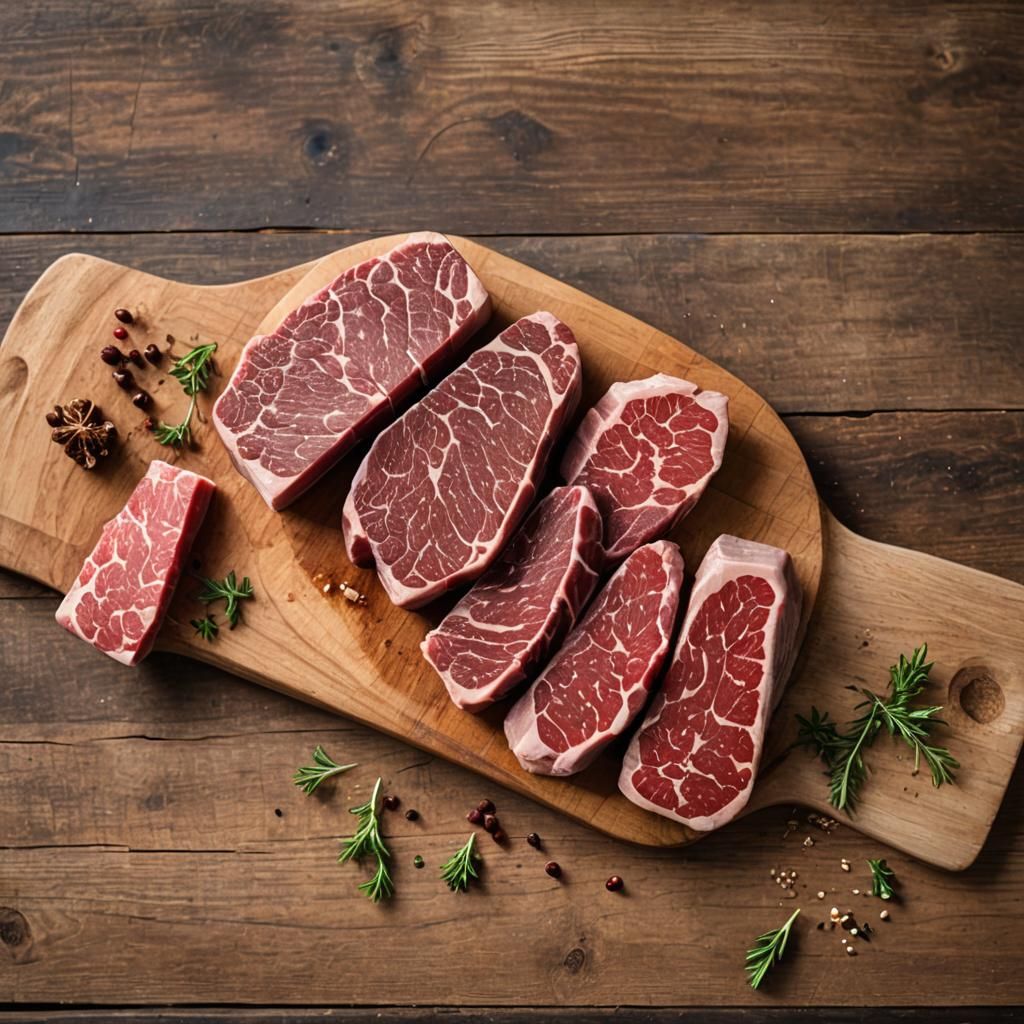 Premium Wagyu Beef on Wooden Board, Bokeh