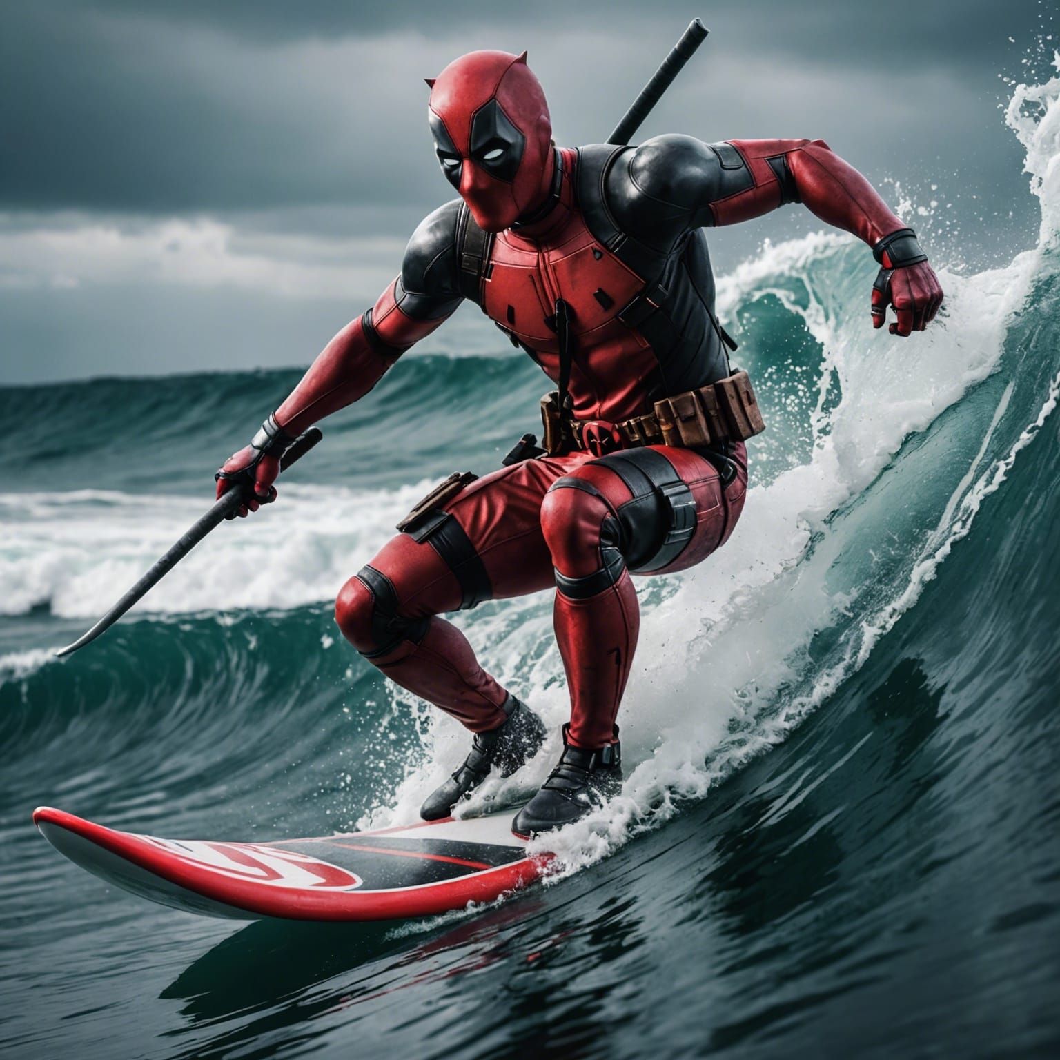 Hyperrealistic Deadpool Surfing a Wave