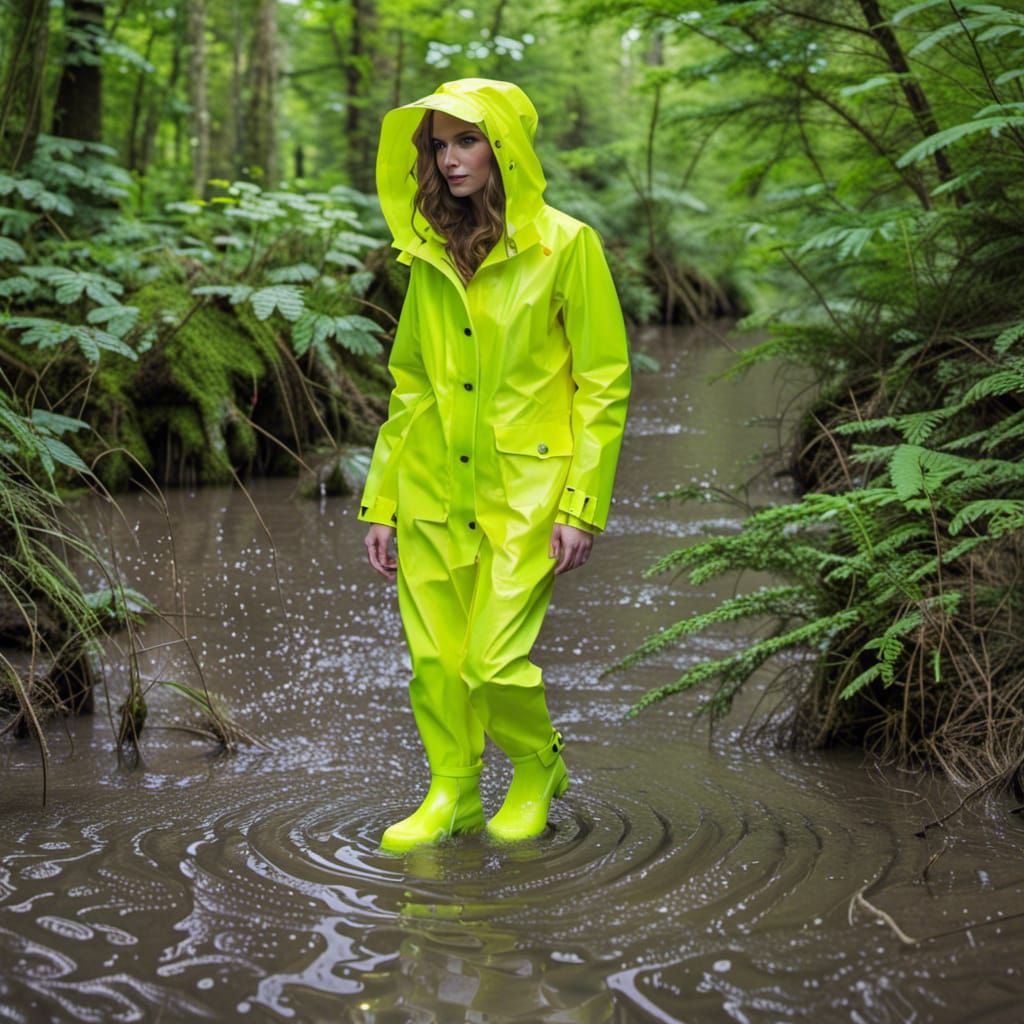 Woman in Fluorescent Rainsuit in Muddy Forest