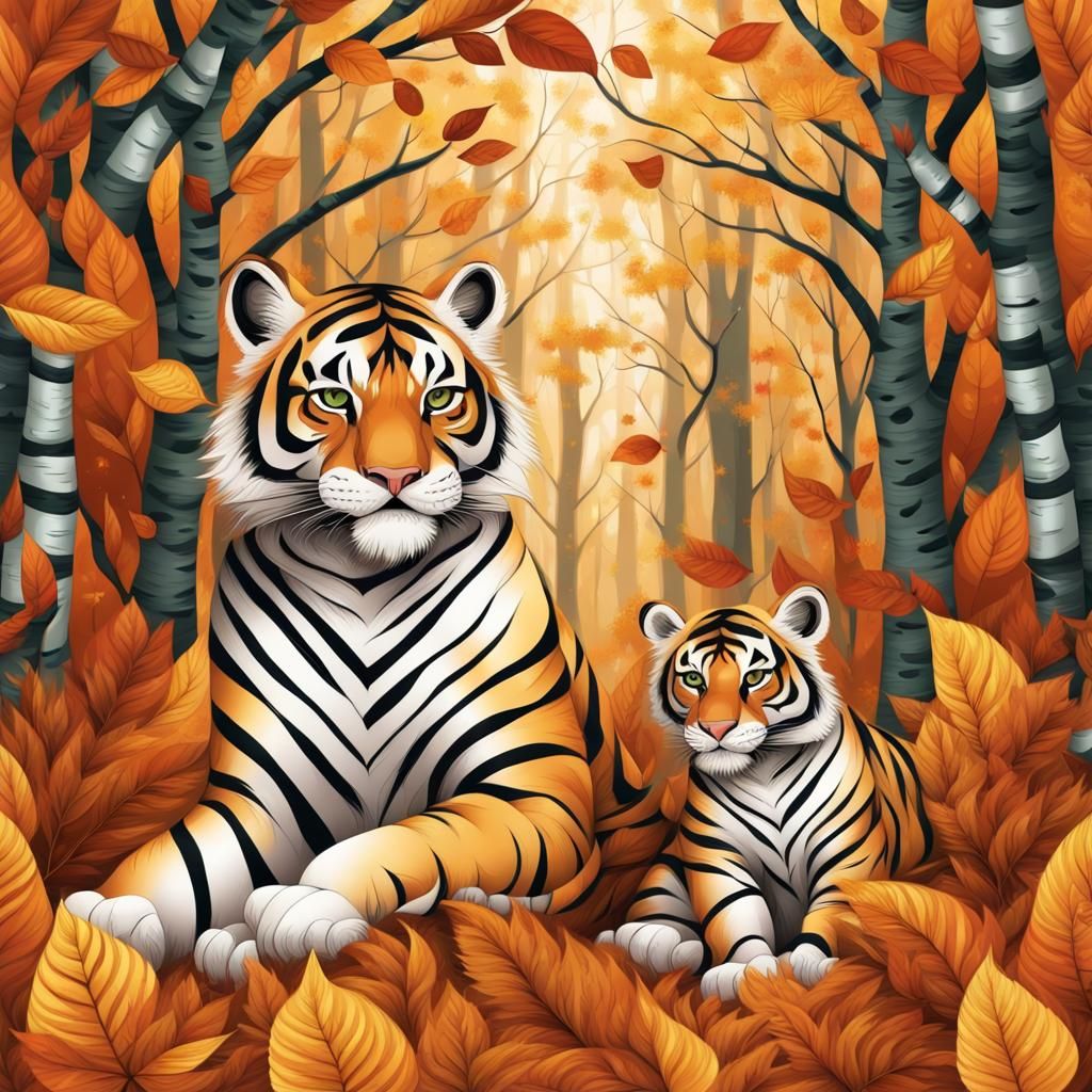 Tigress and Cub in Autumnal Birch Forest