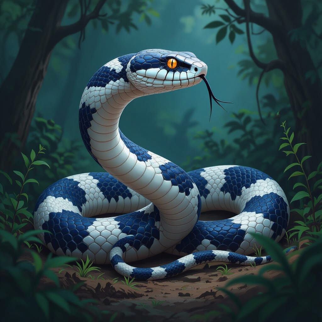 Striking Blue Hunter Snake in Dark Forest