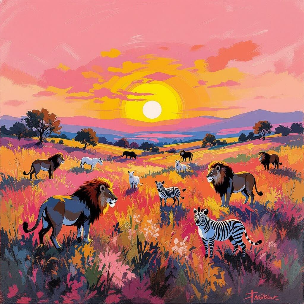 Wild Animals Roaming Under a Vibrant Sunrise