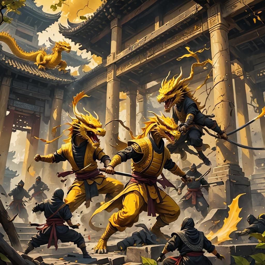 Ninjas Fight Dragon in Ruined Temple Watercolor