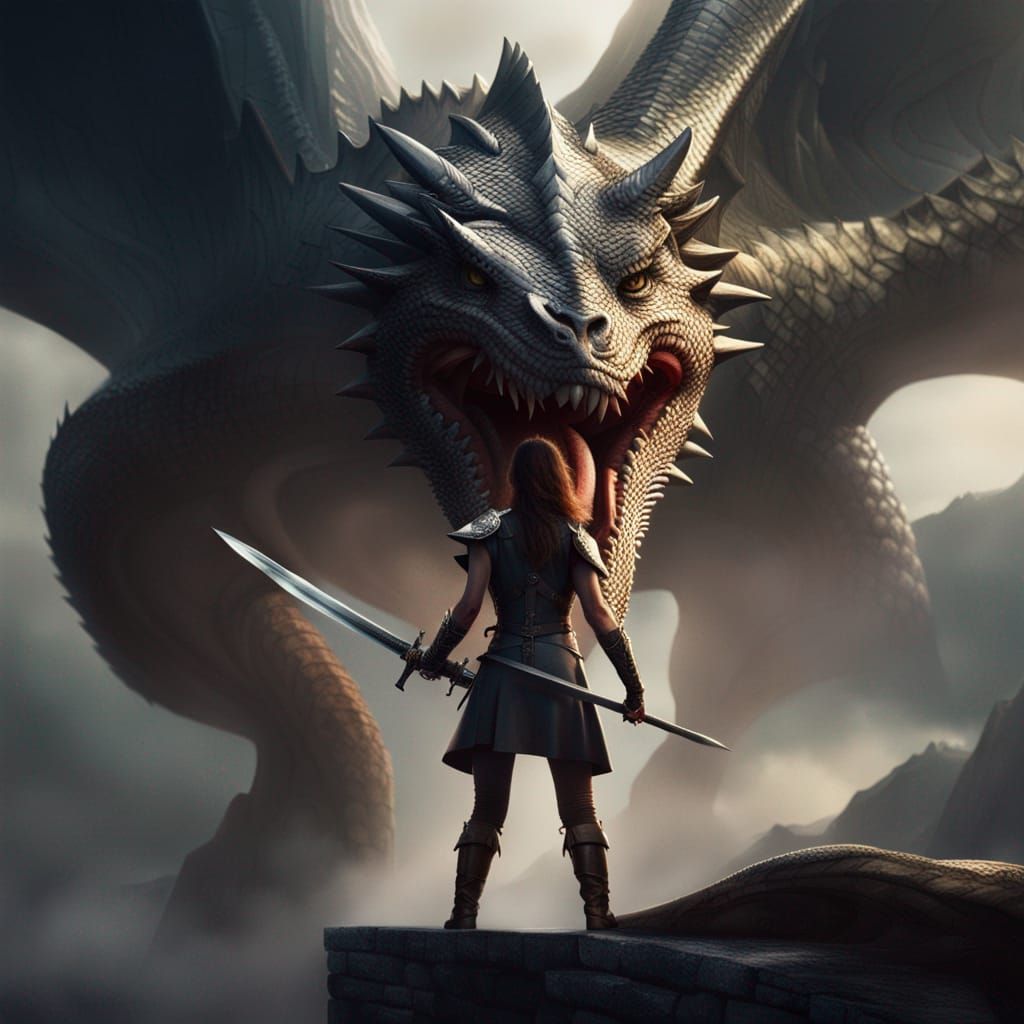 Sword-Wielding Woman Faces Dragon: Detailed Matte Painting