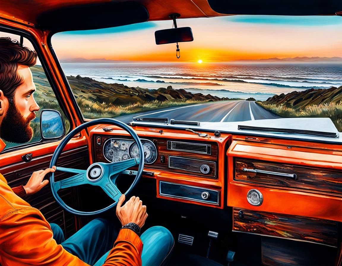 Westfalia Van Sunset Roadtrip: Stylized Watercolor Art